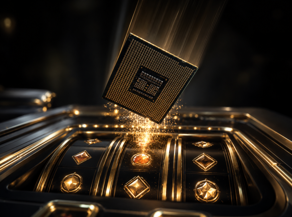 Microchip sobre carretes de tragamonedas futuristas iluminados.