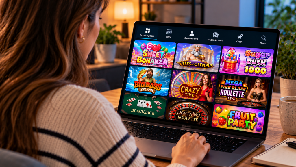 Mujer explorando un catálogo de juegos de casino online en su portátil